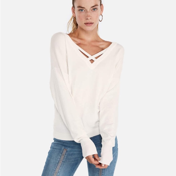 Express Sweaters - Express Double Vee Pullover Sweater Ivory Small